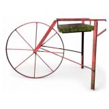 Red Painted Metal and Wood Cart Plant Stand