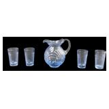 Blue Pressed Glass Pitcher and Shot Glass Set