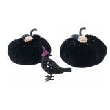 Pair of Black Velvet Pumpkins and Crow Figurine