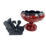 MCM Red and Black Drip Glaze Pedestal Bowl and Swa