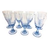 Set of Seven Blue Ribbed Glass Goblets