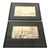 Pr. Framed Nautical Ink Drawings, 10x14