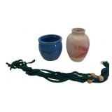 Nemadji Pottery Swirl Vase and Blue Glazed Pot
