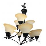 Wrought Iron 9-Light Chandelier with Frosted Shade