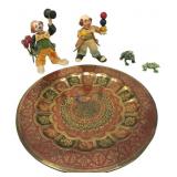 Vintage Brass Peacock Plate, Clown & Frog Figures