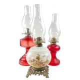 Assorted Glass Oil Lamps, Pr. Red and One Milk Gla