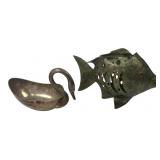 Silverplate Swan Dish and Brass Fish Censer