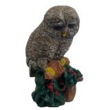 Cement Owl Figurine on Stump with Holly