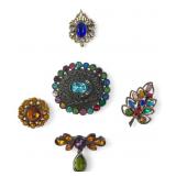Group of Five Vintage Rhinestone Brooches