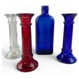 Indiana Glass Candlesticks and Cobalt Bottle Set