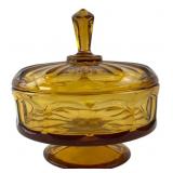 Amber Pressed Glass Pedestal Candy Dish with Lid