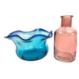 Hand-Blown Blue Art Glass Bowl and Pink Bottle