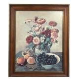 Still Life Floral and Fruit Painting in Wood Frame