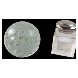 Glass Paperweight and Inkwell Set