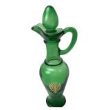 Avon Green Glass Decanter, Gold Floral Motif, 9'