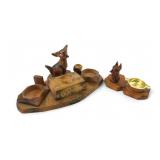 Hand Carved Wooden Dog Smoking Set and Ashtray