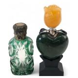 Two Decorative Perfume Bottles, Green Glass/Stone