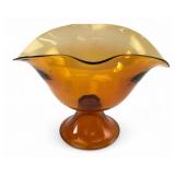 MCM Hand Blown Amber Wavy Rim Footed Bowl