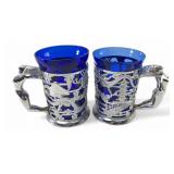 Pr. Cobalt Blue Glass Mugs with Figural Holders