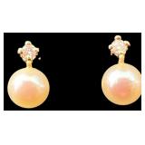 14K Gold Cultured Pearl and Diamond Earrings