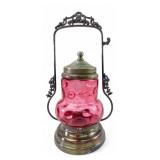 Victorian Cranberry Thumbprint Glass Pickle Castor