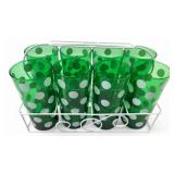 VTG Anchor Hocking Green Polka Dot Glasses & Caddy