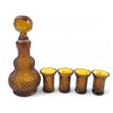 VTG Amber Pressed Glass Decanter and Shot Glass Se