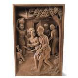 African Relief Carved Solid Wood Village Scene