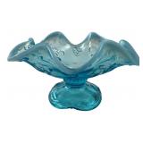 VTG Blue Opalescent Ruffled Pedestal Dish