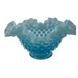 Fenton Blue Hobnail Ruffled Dish