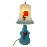 Blue Hobnail Milk Glass Table Lamp with Rose Decal