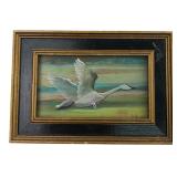 D.P. Signed Swan in Flight Painting, 6.5" x 4.5"