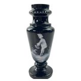 Black Glass Vase with Cameo-Style Boy Motif