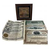 Mixed Lot of Vintage Stock Certificates and Framed