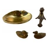 Brass Shell Dish, Frog and Two Duck Figurines