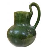 Green Glazed Ceramic Pitcher with Floral Motif