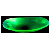 Green Uranium Glass Oval Bowl with Etched Floral M