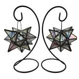 Pair of Iridescent Glass Star Lanterns on Stands