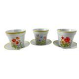 3x3 Set of Three Floral Ceramic Pots with Saucers
