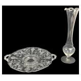 Etched Glass Handled Plate and Bud Vase