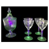 Uranium Glass Lidded Jar and Four Etched Glasses