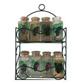 Vintage Style Grape Motif Spice Rack with 8 Jars