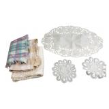 Assorted Kitchen Towels and Lace Doilies