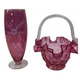Fenton Cranberry Hobnail Basket and Etched Vase