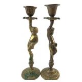 Pair of Brass Cherub Candlesticks, 7' H