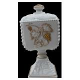 Milk Glass Pedestal Jar with Gold Grape Motif, 9'