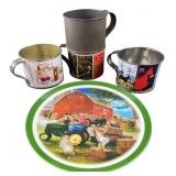 Misc. tin cups and John Deere 8' Plate