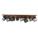 VTG Assorted Tin Cups & Wooden Wall Display Rack