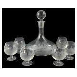 Etched Ship Motif Decanter and Six Glass Set