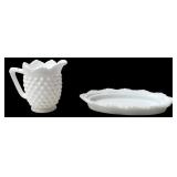Milk Glass Hobnail Creamer and Platter Set